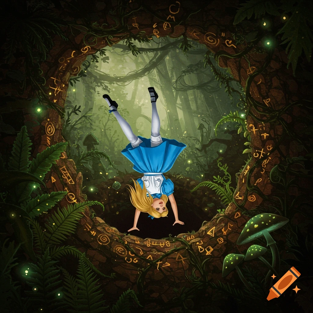 Stylized illustration of Alice falling headfirst into a dark, root-lined rabbit hole with glowing symbols.