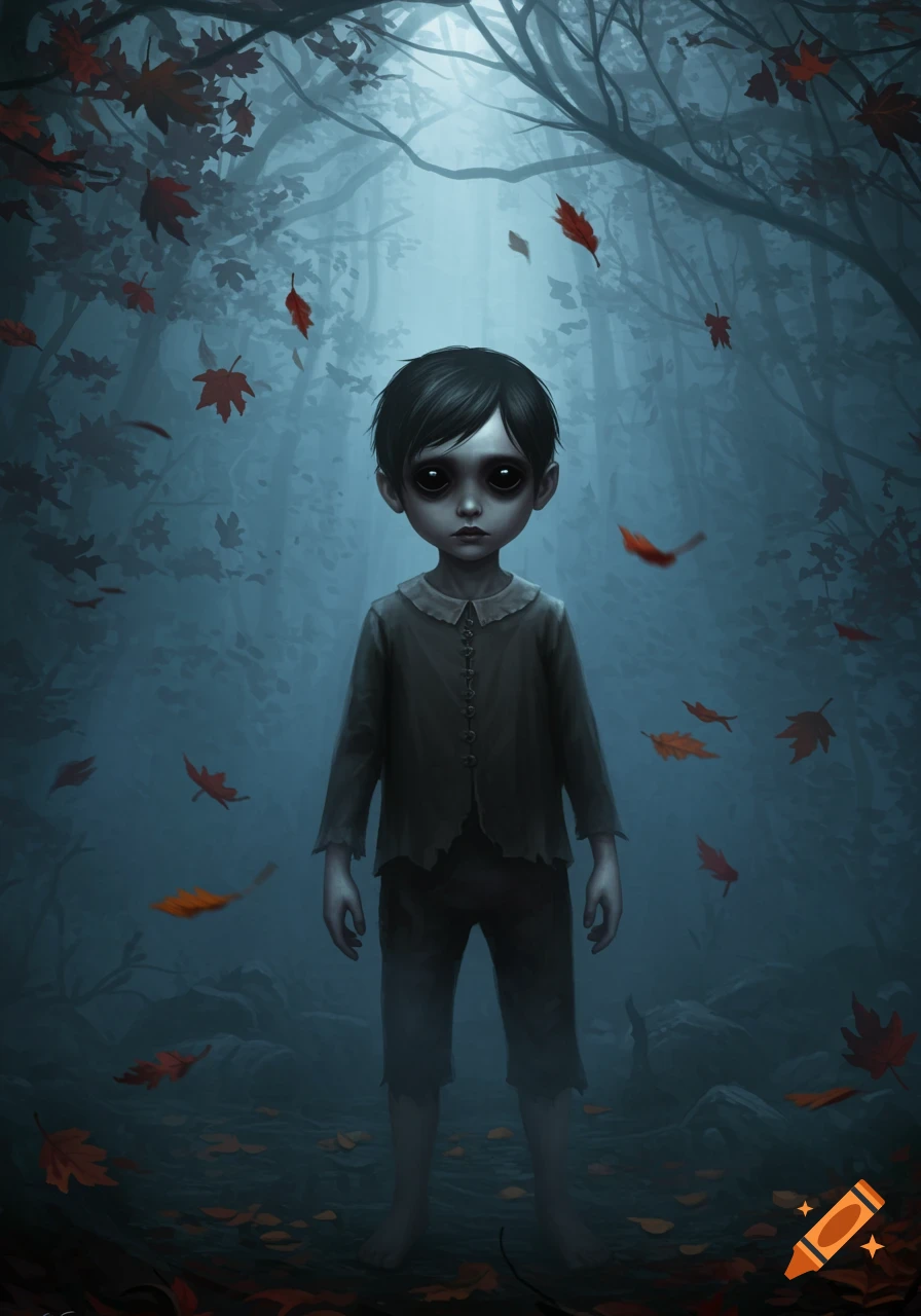 Pale, black-eyed child in tattered clothes stands in a misty, dark forest with red autumn leaves falling, in a digital art style.