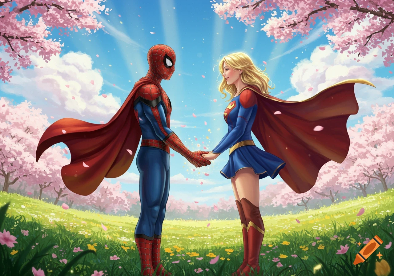 Spider-Man and Supergirl hold hands in a vibrant illustrated field of flowers under pink cherry blossom trees, looking into each other's eyes.