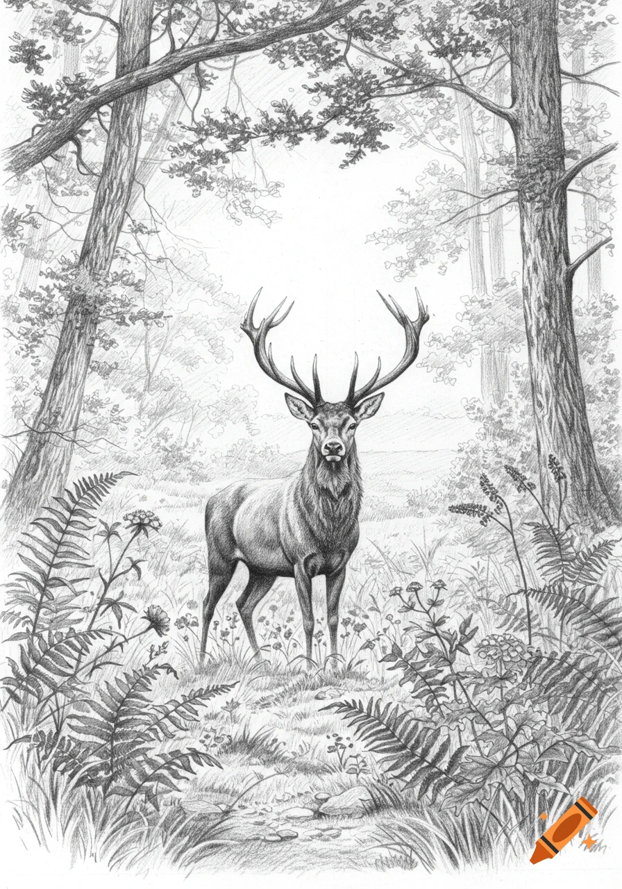 A detailed black and white pencil drawing of a majestic stag with large antlers standing in a forest clearing.