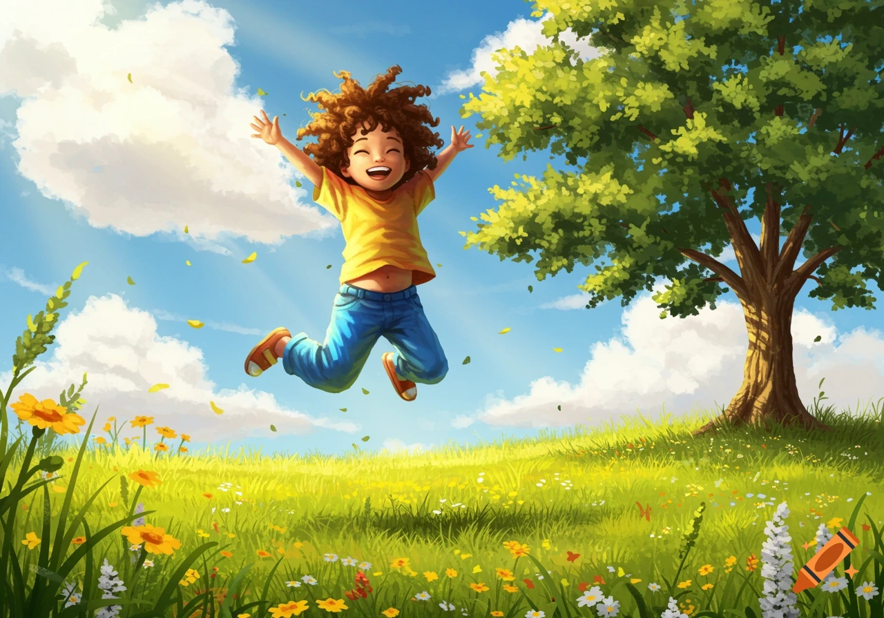 A joyful child with curly hair jumps high in a sunlit green meadow filled with wildflowers under a blue sky, in an illustrative style.