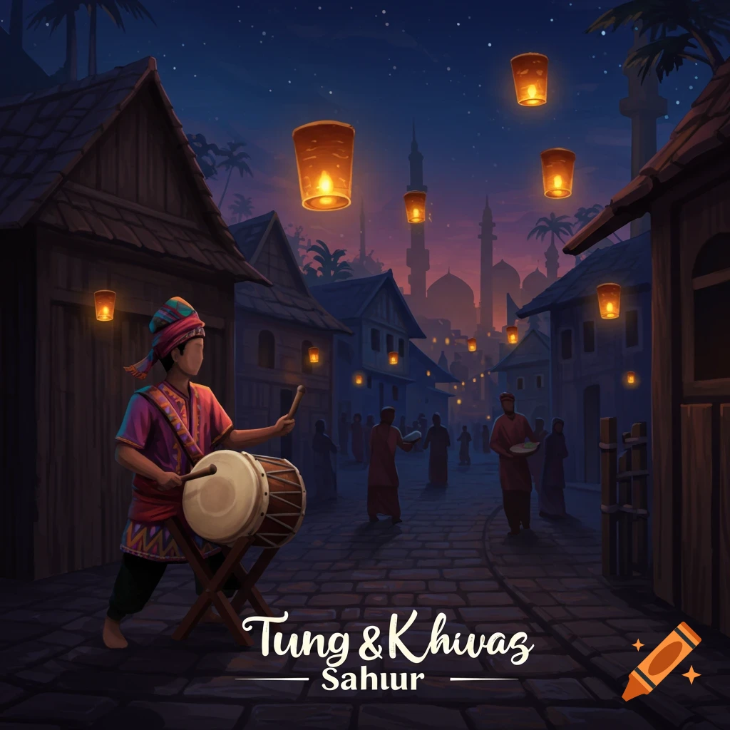 Illustrated night scene of a person playing a drum in a traditional village with lanterns and a mosque. Text: Tung & Khuwaz Sahur.