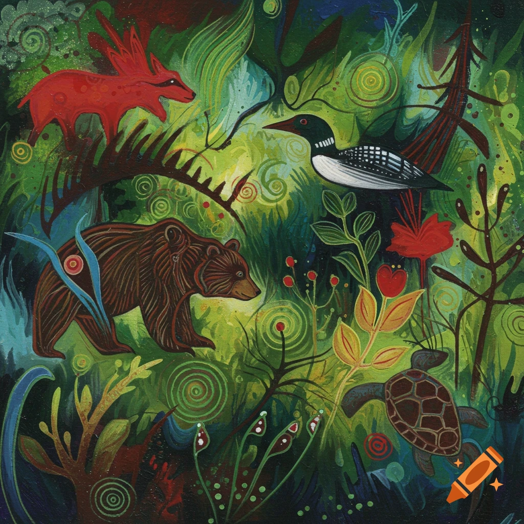 Stylized woodland painting with a red creature, brown bear, loon, and turtle among green foliage and red flowers, in an Ojibwe art style.