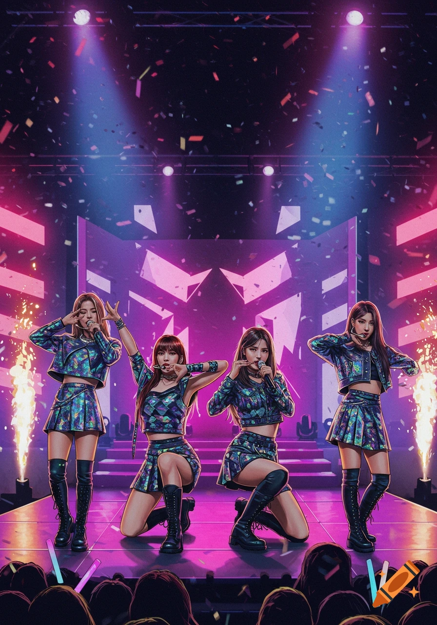 Four female K-Pop performers in patterned outfits pose on a brightly lit stage with confetti falling, pyrotechnics, and an audience in a stylized illustration.
