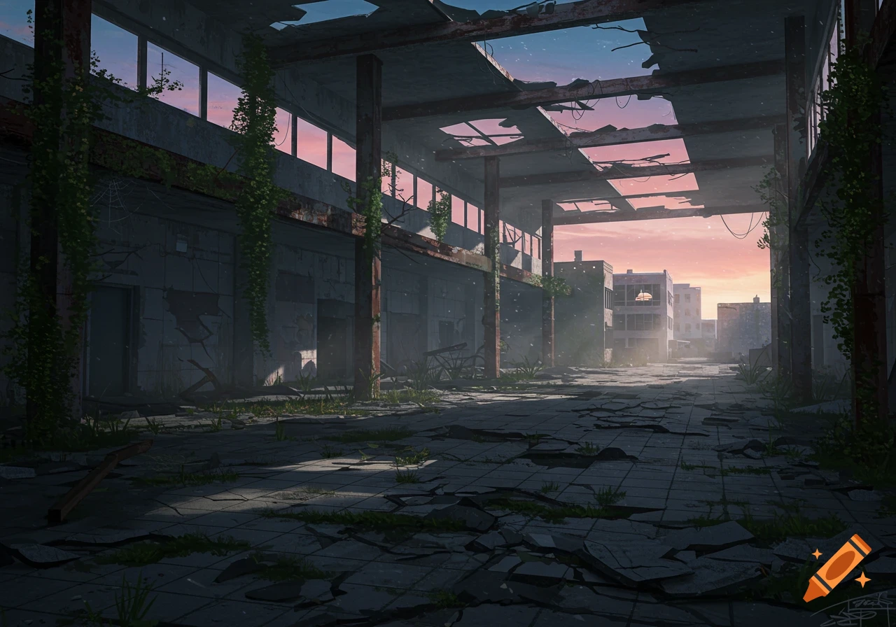 Atmospheric view inside a crumbling abandoned building with vines, broken roof, and a vibrant sunset over a ruined city.