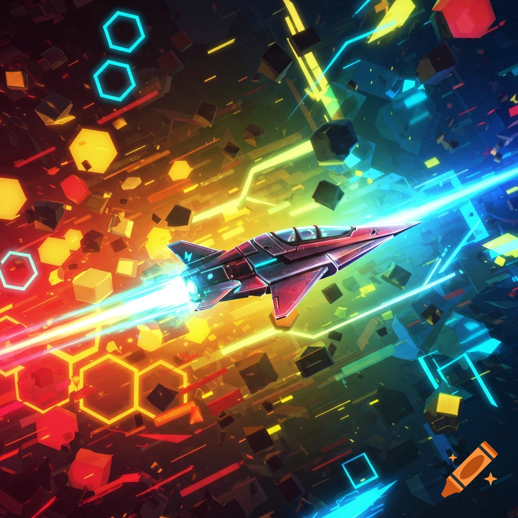 A red and black futuristic plane with a glowing engine trail flies through an abstract, neon-lit tunnel filled with colorful geometric shapes.