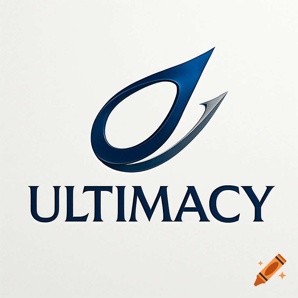 A blue and silver 3D abstract logo above the bold text 'ULTIMACY' on a white background.