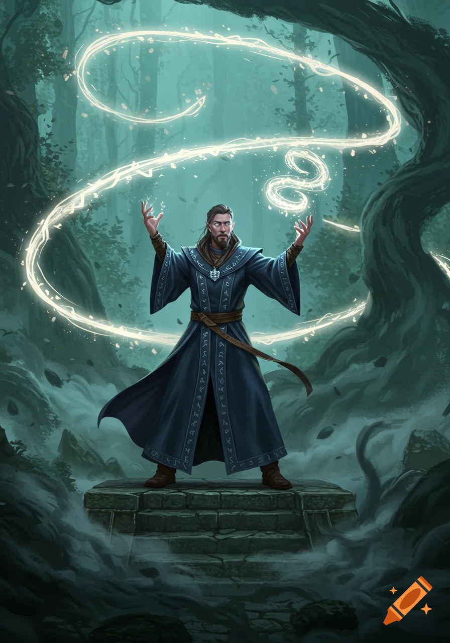 A male wizard in a blue robe stands on a stone platform, casting a glowing swirling spell in a misty fantasy forest.