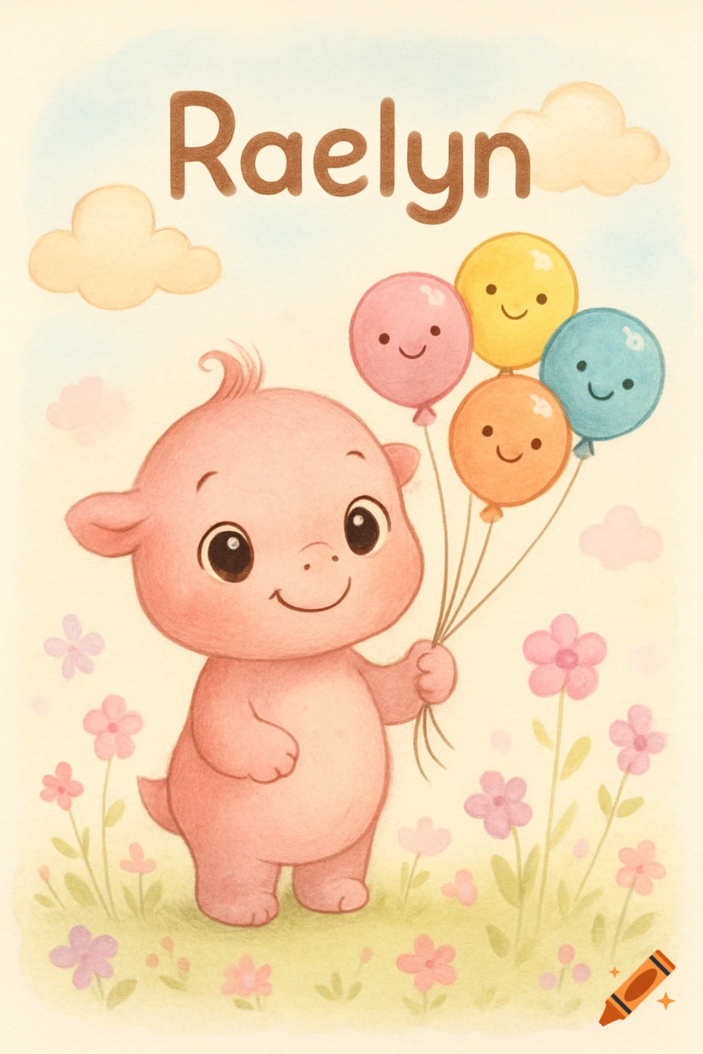 Watercolor cartoon of a cute pink creature holding colorful balloons, with 'Raelyn' written above, set in a field of flowers.