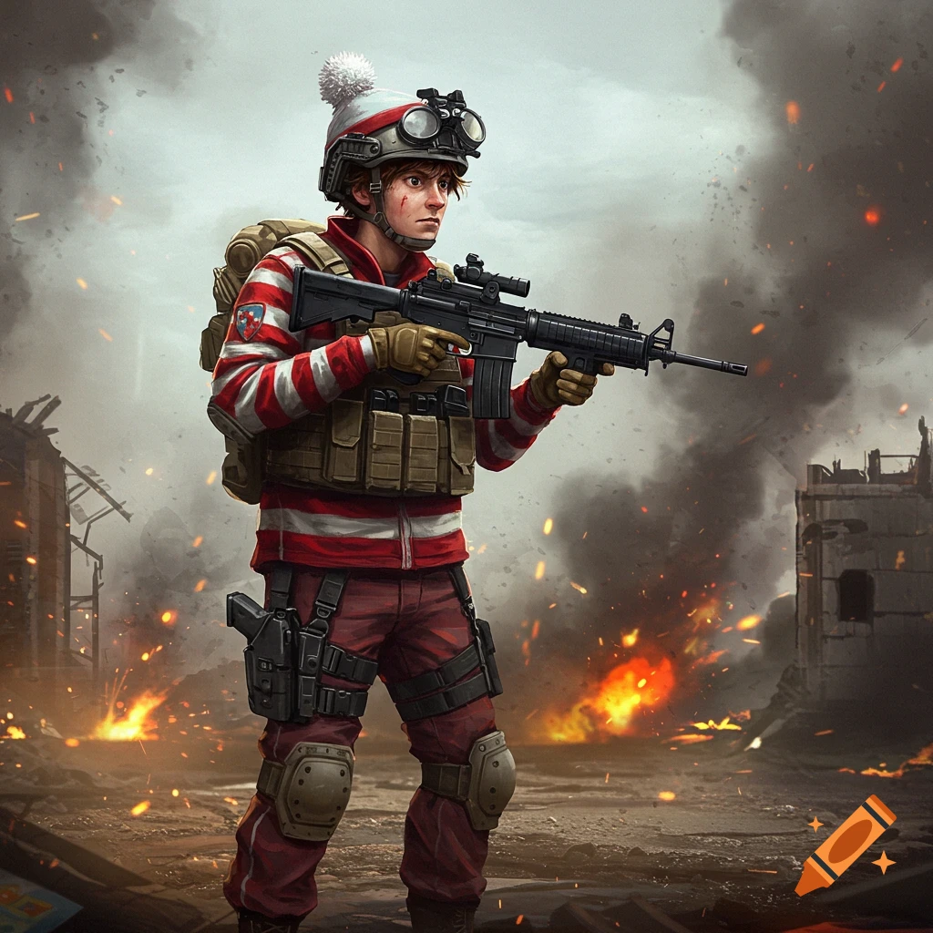 Where's Waldo dressed as a soldier holding a rifle in a fiery, smoke-filled warzone, digital art.