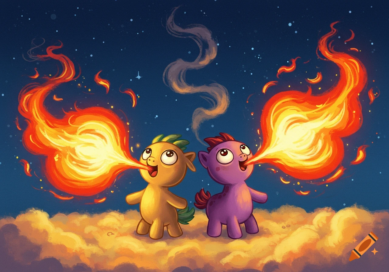 Two cartoon fantasy creatures, one yellow and one purple, stand on clouds at night, spitting streams of fire.