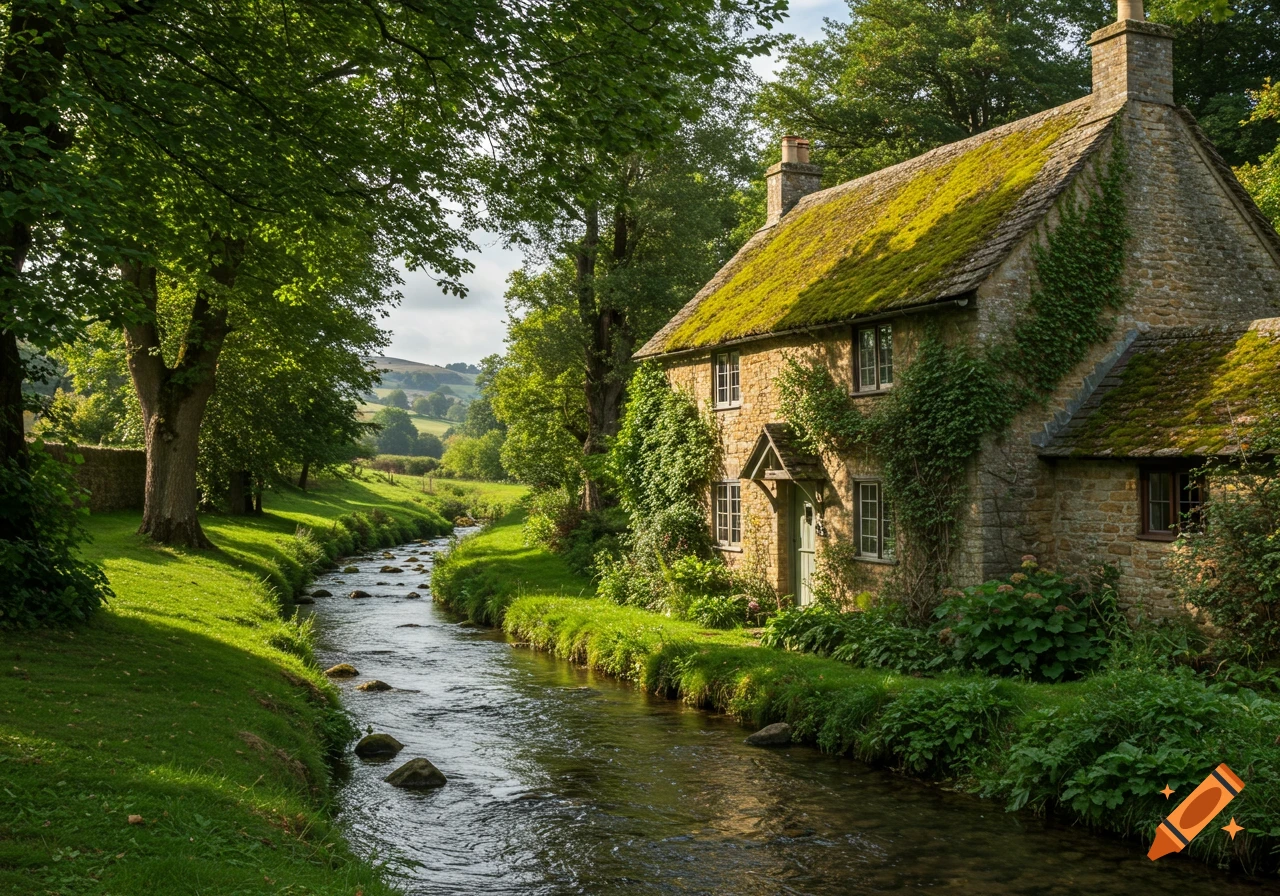 A charming stone cottage with a mossy roof and climbing vines sits beside a clear stream flowing through a lush green valley.