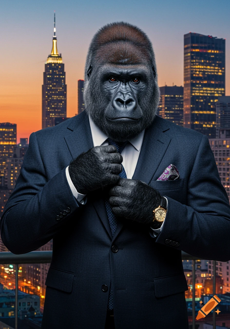 A photorealistic gorilla in a dark suit adjusts its tie, standing on a balcony overlooking a city skyline at dusk.