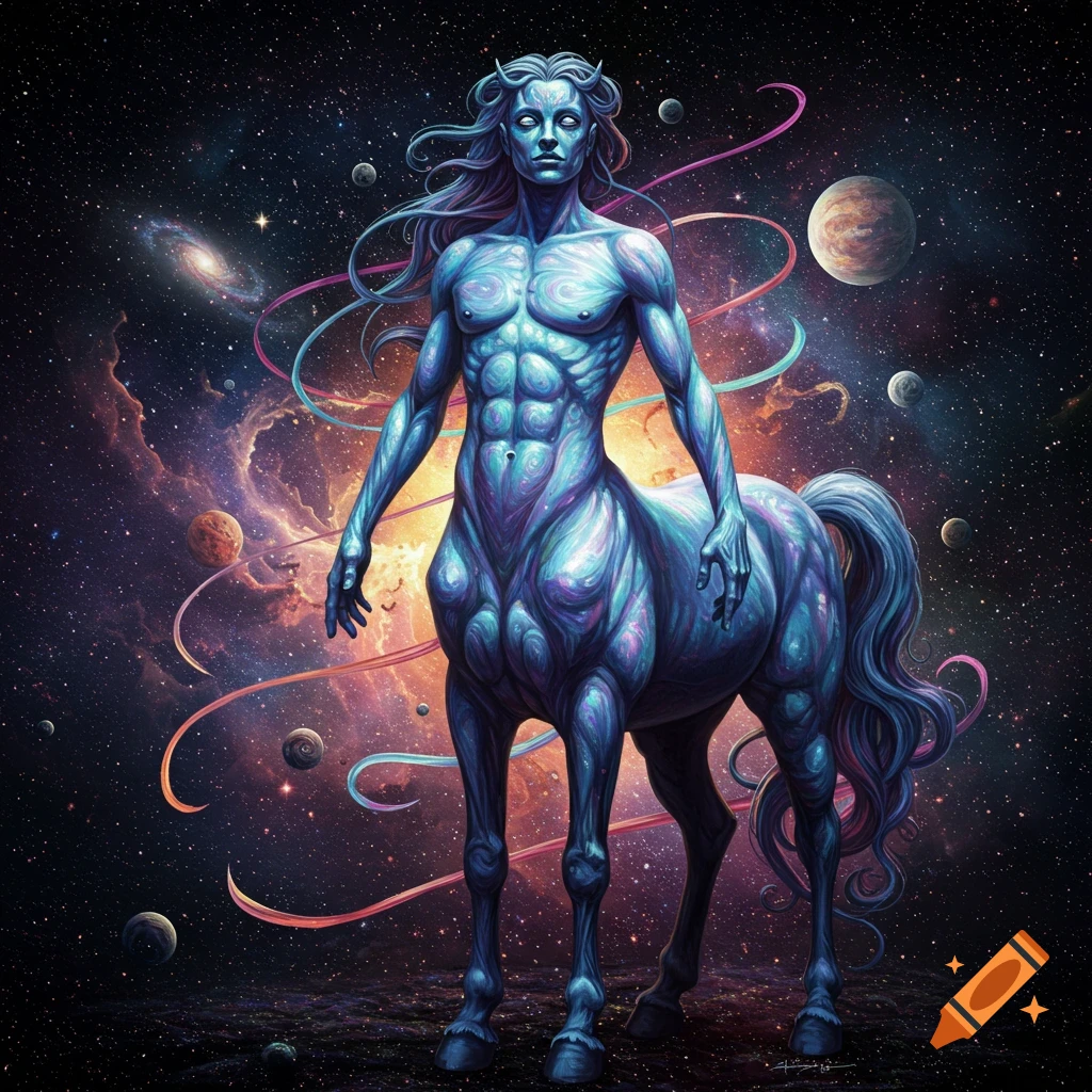 A muscular, blue and purple centaur with swirling patterns stands in a vibrant, surreal cosmos with stars, nebulae, and planets.