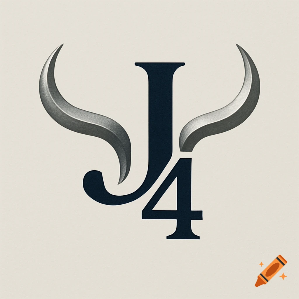 A stylized logo featuring a dark blue uppercase 'J' intertwined with two metallic, silver horns and a dark blue number '4' at its base, on a light beige background.