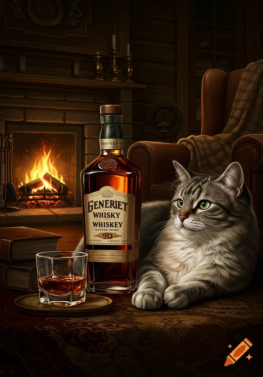 A photorealistic image of a striped cat resting next to a whiskey bottle and a glass, in a cozy room with a lit fireplace.