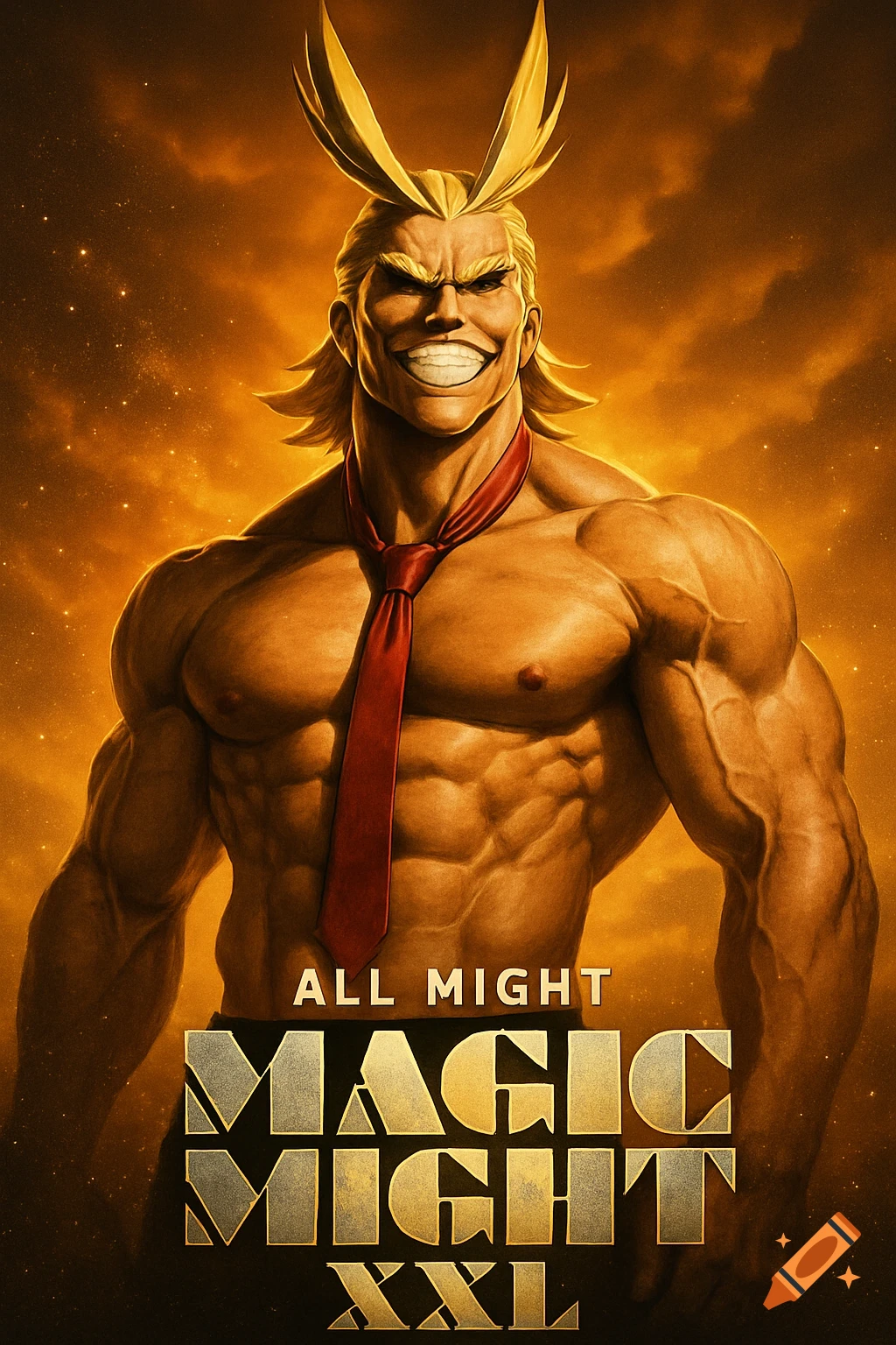 Muscular All Might from My Hero Academia, shirtless and wearing a red tie, stands against a glowing golden background. Text reads 'ALL MIGHT', 'MAGIC MIGHT XXL'.