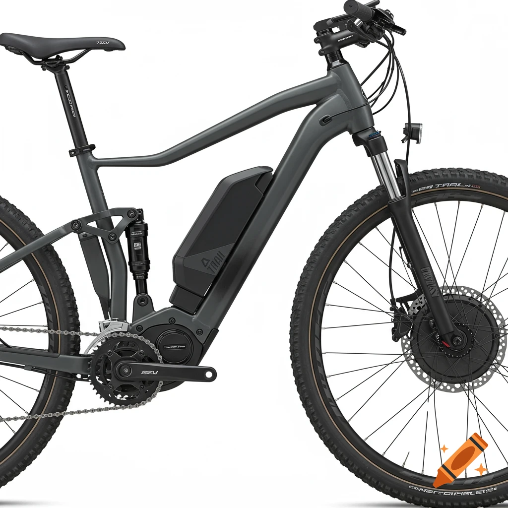 A photorealistic image of a gray electric mountain bike with a large matte black battery pack, controller box, and rear hub motor, against a white background.