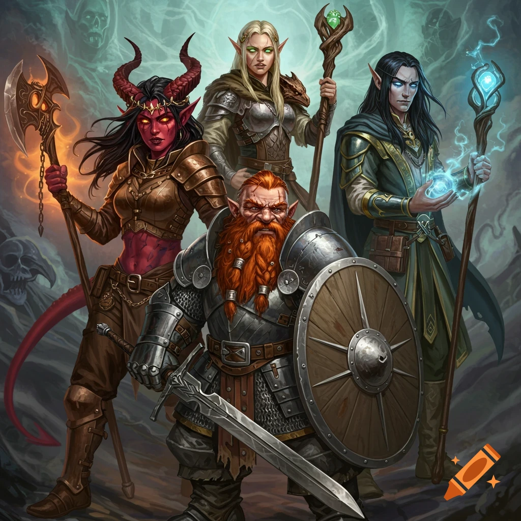 An epic fantasy illustration featuring a diverse group of adventurers: a red-skinned tiefling, a bearded dwarf, a blonde female elf, and a dark-haired male elf.