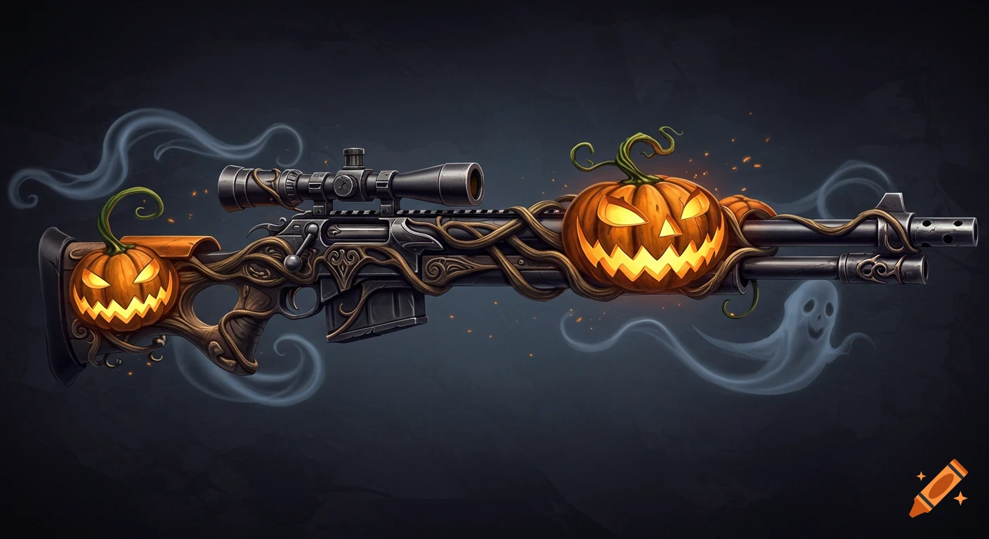 A fantasy Halloween-themed sniper rifle with glowing jack-o'-lanterns, twisted vines, and wispy ghosts on a dark background.