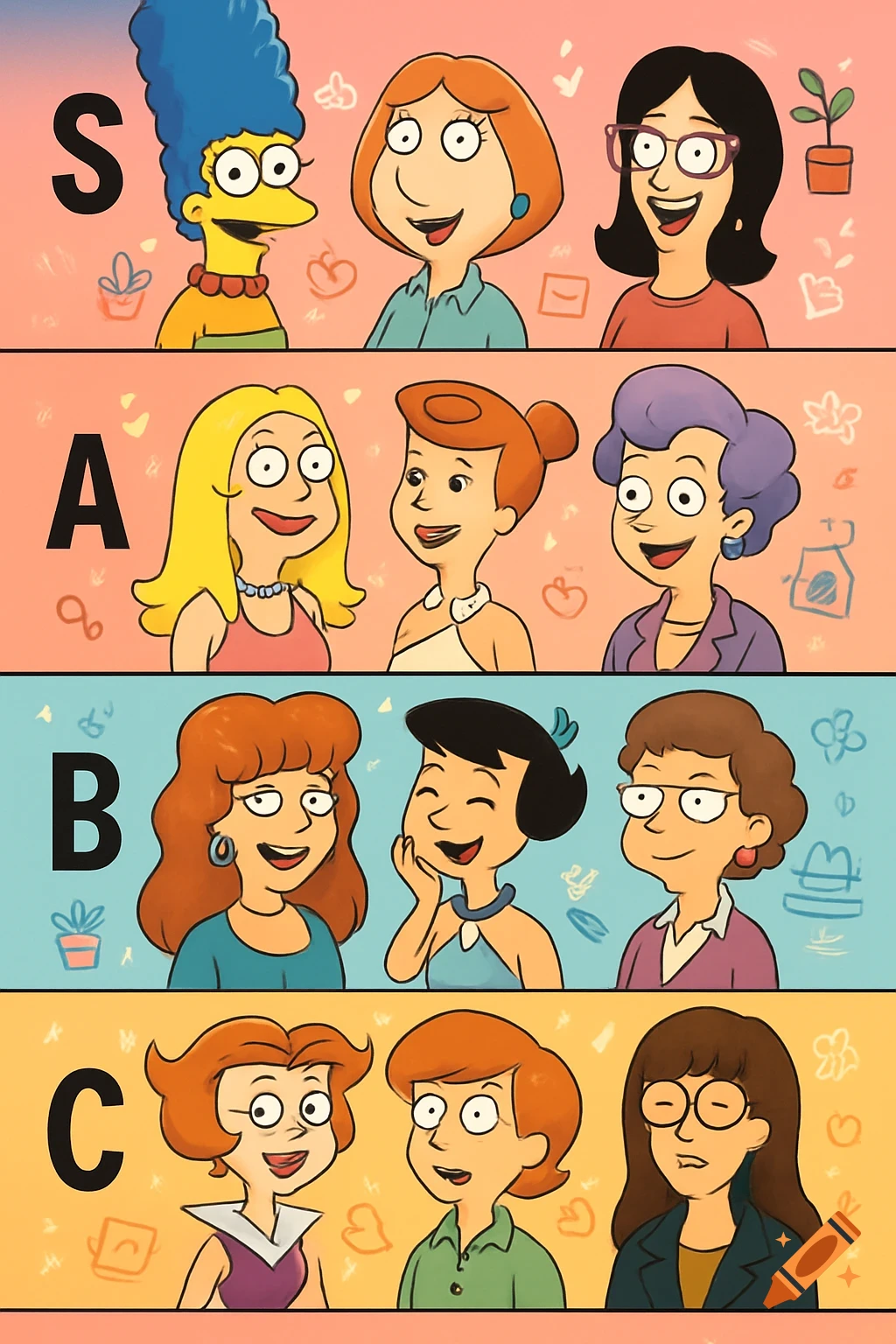 A cartoon tier list featuring rows of various animated female characters in different cartoon styles.