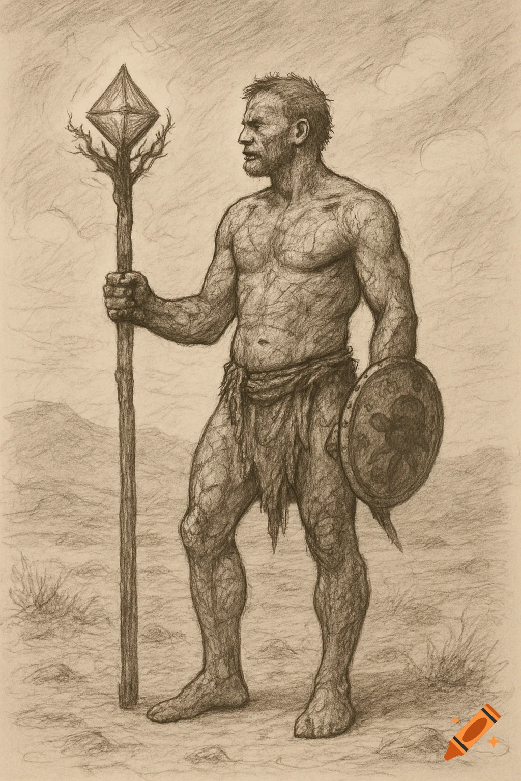Charcoal sketch of a muscular, scarred man in a loincloth, holding a staff with a tetrahedron and a small shield, looking left.