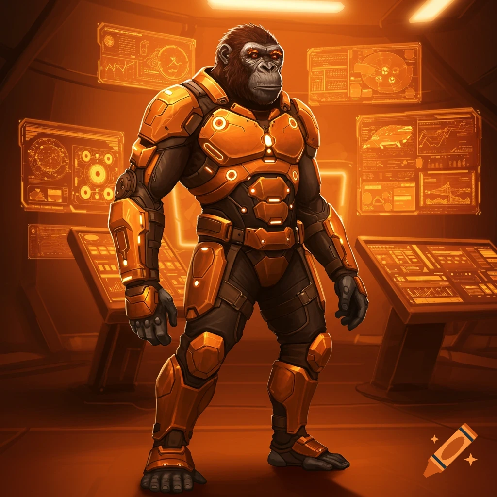 An ape in a futuristic orange and black armored sci-fi uniform stands in a control room with glowing screens.