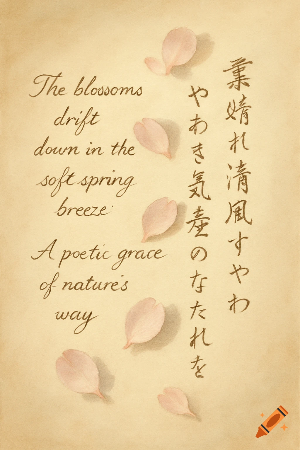 A parchment-like page with English and Japanese poetry in elegant script, adorned with soft pink cherry blossom petals.