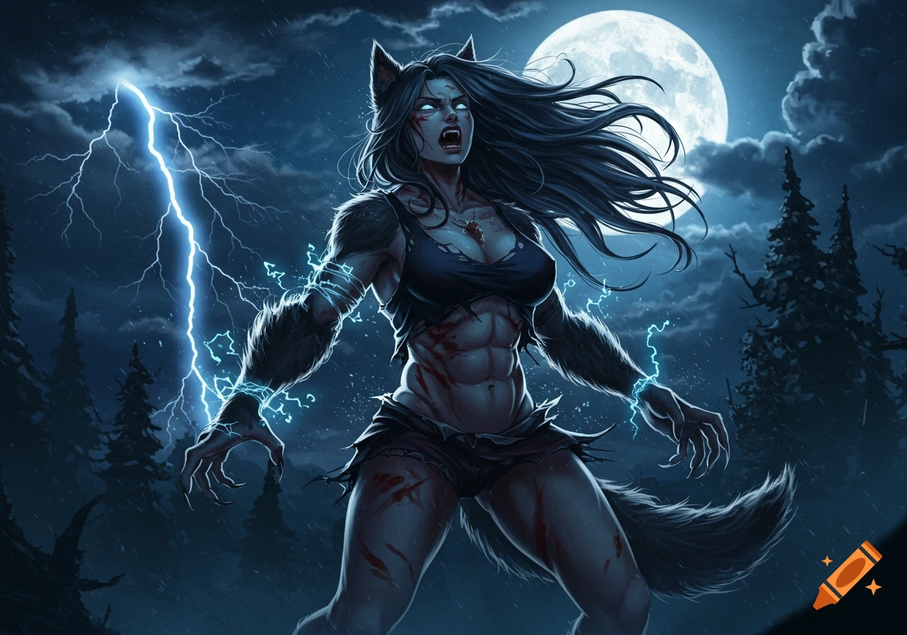 Muscular female werewolf roaring in a stormy forest with a full moon and lightning, glowing with energy.