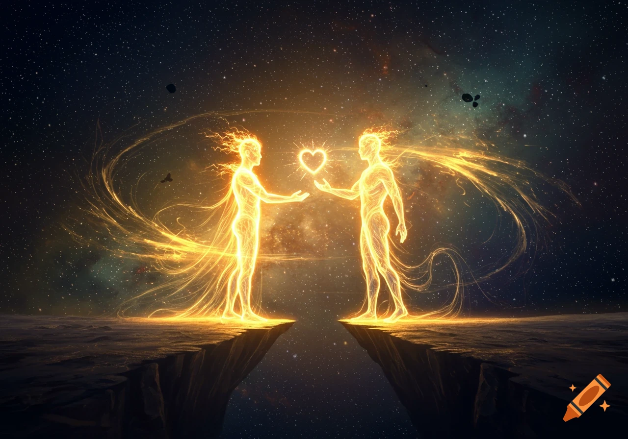 Two ethereal, glowing human figures on cliff edges exchange a radiant heart against a vast, starry cosmic background.
