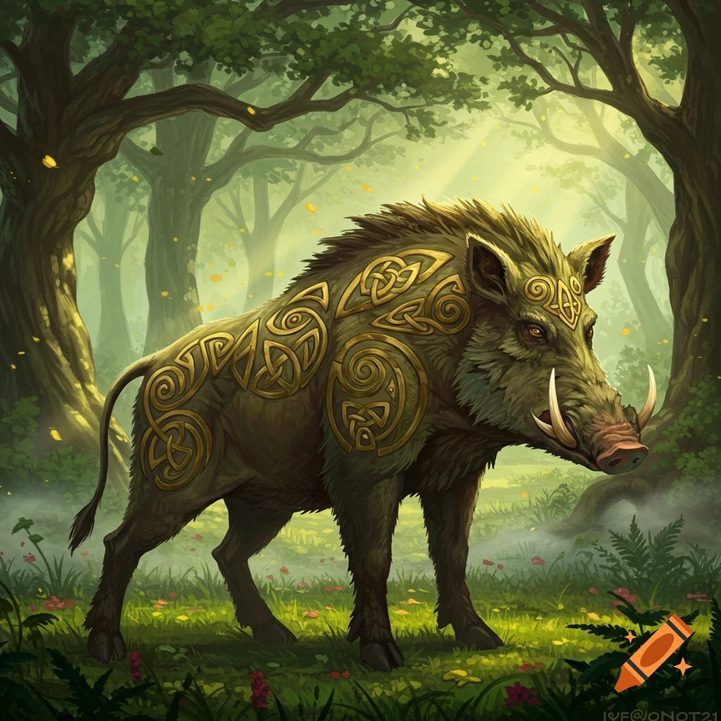 A majestic wild boar with golden Celtic knot patterns on its body stands in a sunlit, mystical forest.