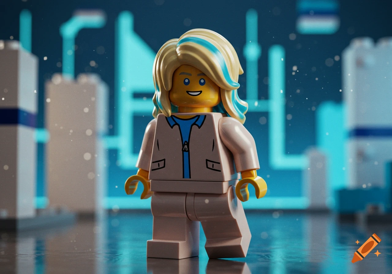 Lego minifigure of a woman with blonde and blue hair, blue eyes, wearing a tan suit, against a blurry blue futuristic background.