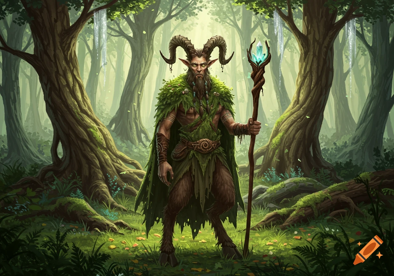A muscular satyr with large horns and glowing green eyes, wearing leaves, holds a crystal staff in a magical forest.