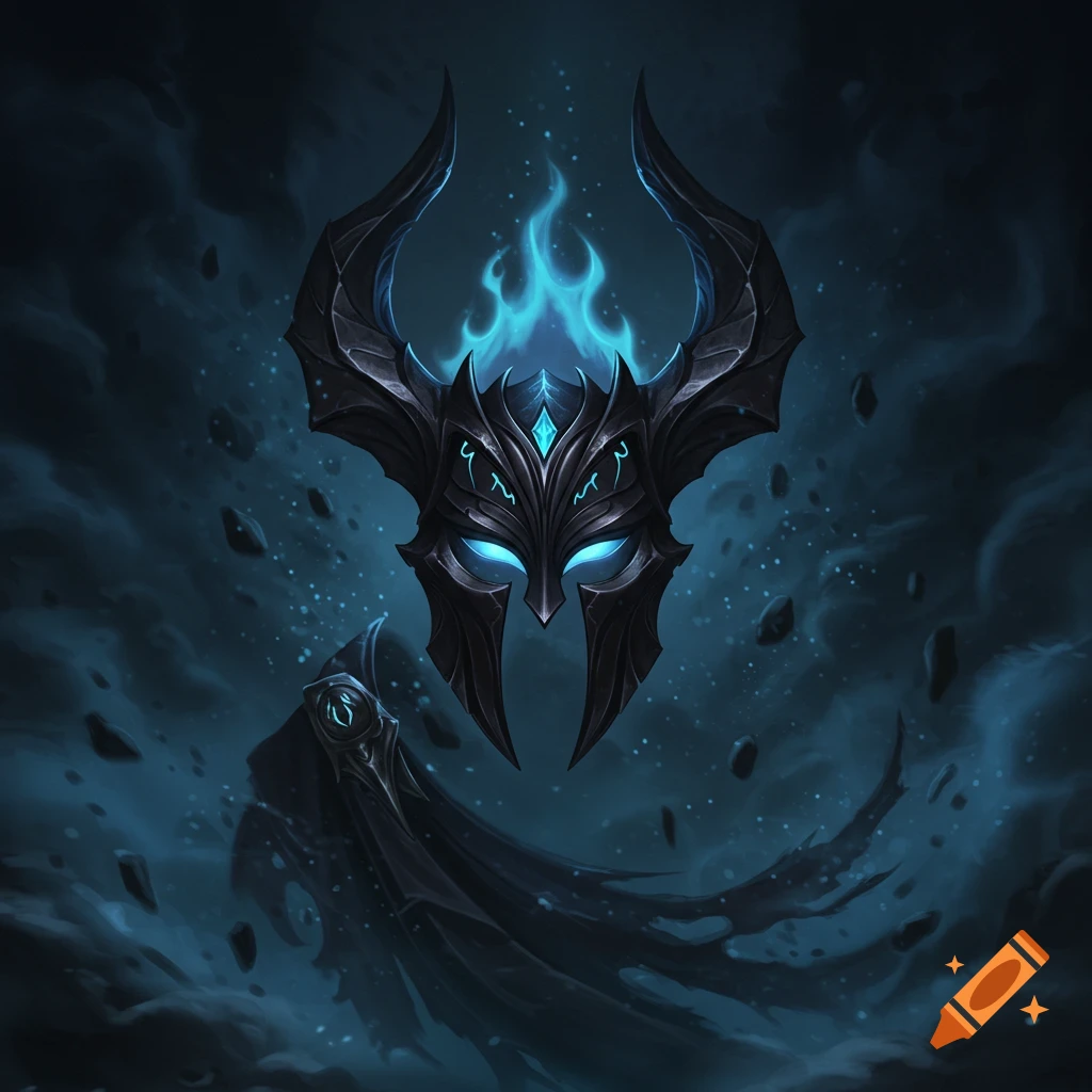 A dark fantasy helmet with glowing blue eyes, blue flames, and sharp horns, set against a swirling dark background with floating rocks.
