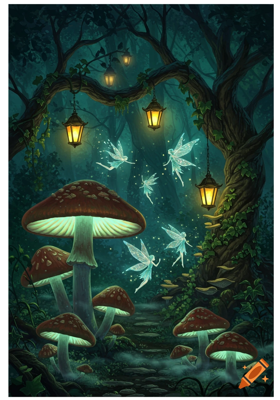 Glowing mushrooms and ethereal fairies illuminate a dark, enchanting fantasy forest with hanging lanterns.