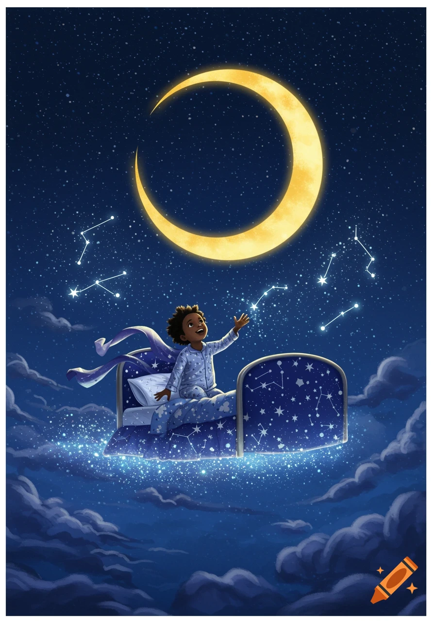 A magical illustration of a Black child in pajamas flying on a bed through a starry night sky towards a crescent moon.