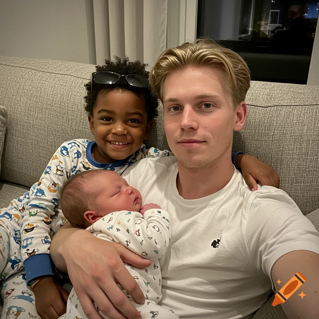 A man in a white t-shirt sits on a couch, holding a sleeping newborn baby. A young boy with an afro and sunglasses on his head sits next to them, smiling.