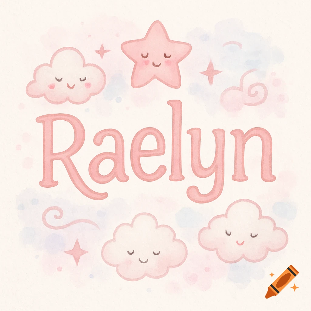 Pink watercolor-style name 'Raelyn' with smiling clouds and stars on a light background.