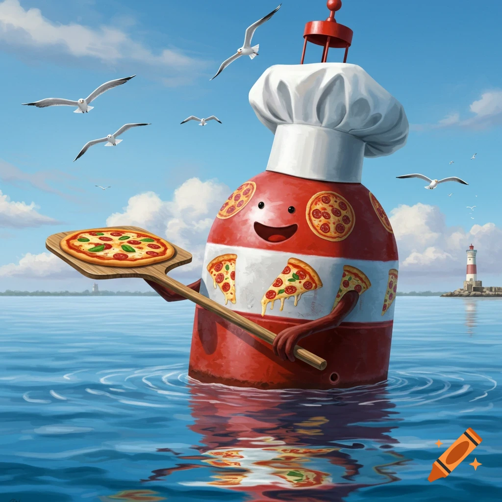A whimsical red and white channel marker chef in the ocean holding a pizza, with seagulls flying and a lighthouse in the background.