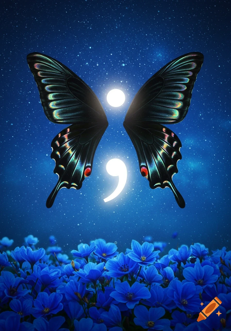 A glowing white semicolon with black butterfly wings against a starry blue night sky, above a field of blue flowers.