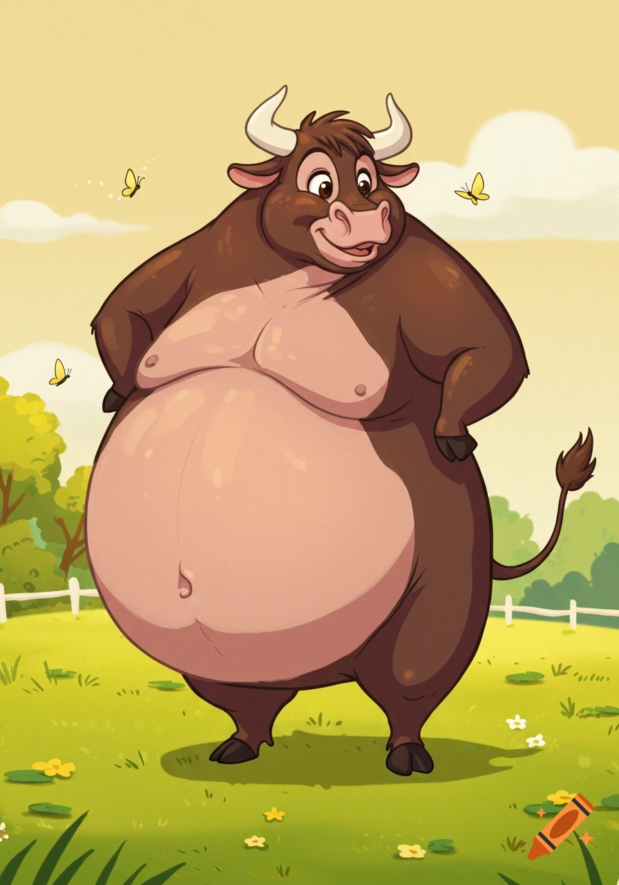 A super obese, brown, cartoon bull with a huge belly stands in a green field with butterflies, in a 2D Disney animation style.