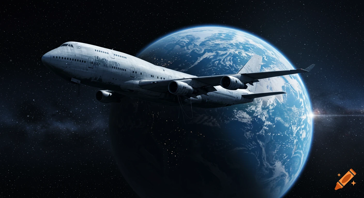 A photorealistic image of a large, weathered 747 airplane floating in deep space, with planet Earth in the background.