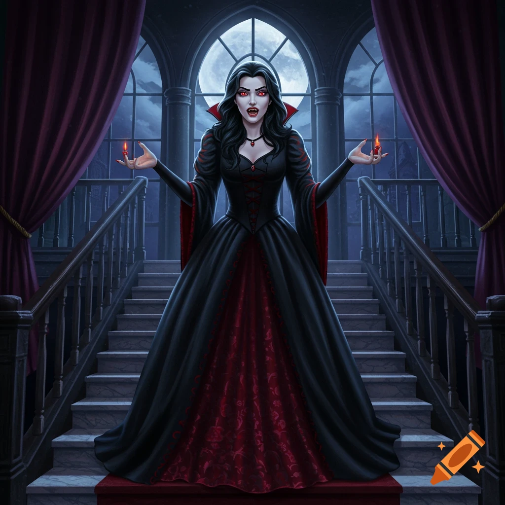 A female vampire with red eyes and fangs, wearing a black and red gown, stands at the bottom of a grand gothic staircase under a full moon.