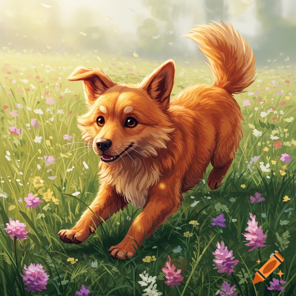 A cute ginger dog with pointy ears runs through a sunny, grassy field filled with pink and yellow wildflowers, digital art.