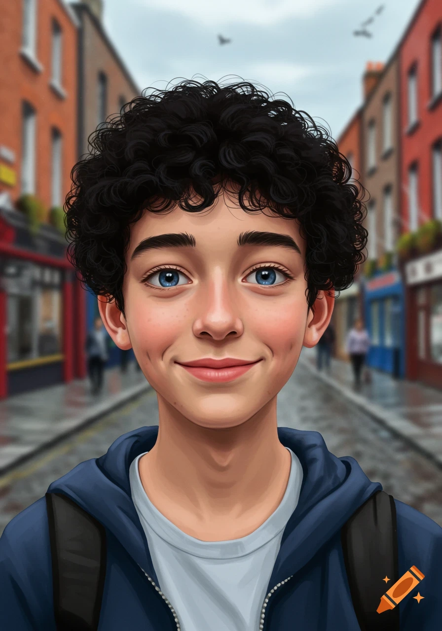 A smiling young boy with black curly hair and blue eyes in an illustrated style, standing on a blurry street with brick buildings.