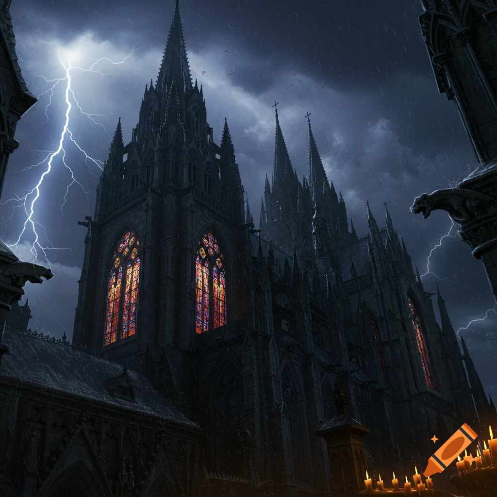 A dark gothic cathedral with illuminated stained glass windows under a stormy sky with a lightning bolt.