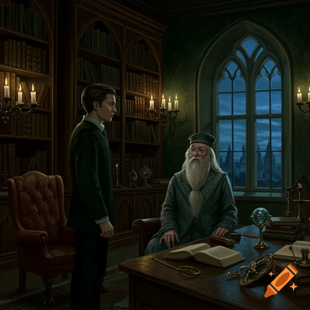 Tom Riddle stands before a seated Dumbledore in a richly detailed, candlelit study with bookshelves and a Gothic window overlooking a castle, in a digital art style.