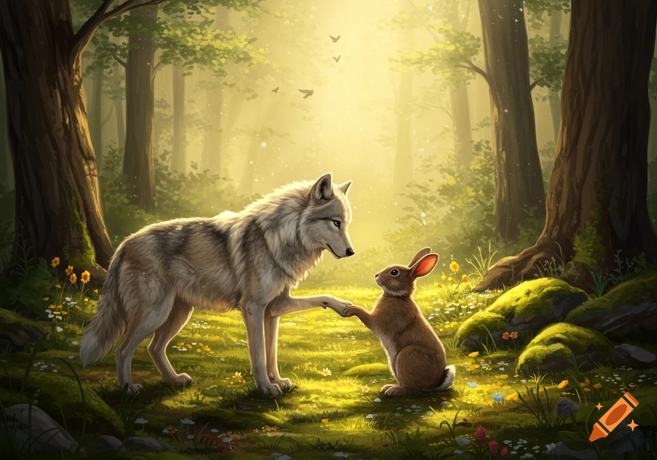 An illustrated wolf and rabbit shaking hands in a sunny, green forest.