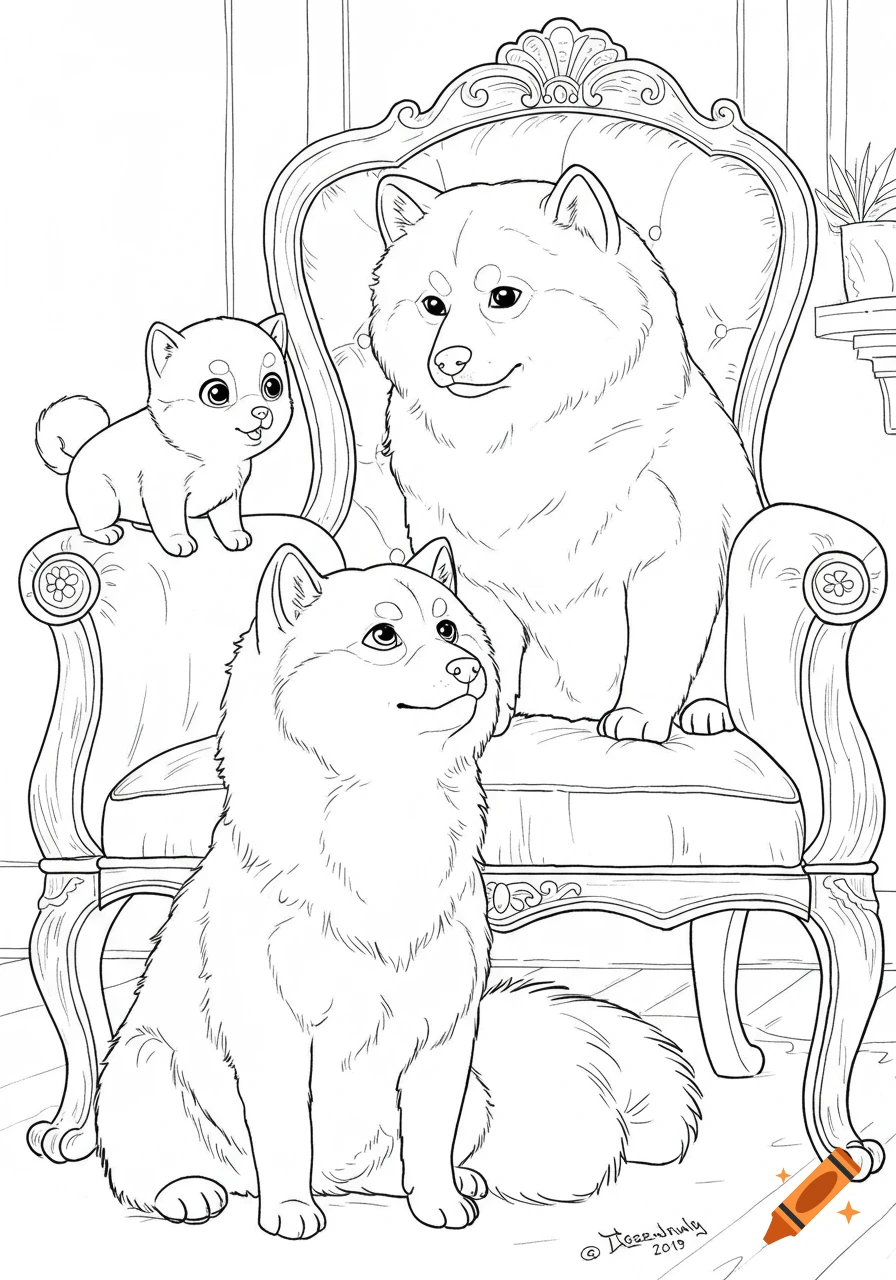 Black and white line art of three Shiba Inus, including a puppy, on and around an ornate chair.