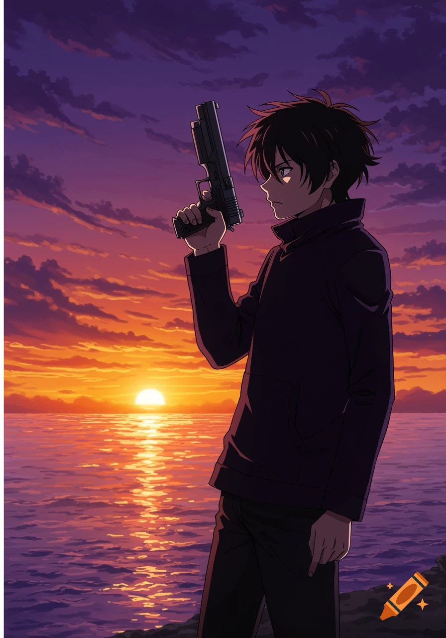 An anime man in a dark jacket holds a gun, silhouetted against a vibrant purple and orange sunset over the sea.